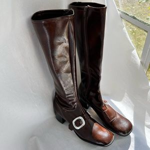 Vintage Brown 1960s Patent Knee High Go Go Boots w/ Buckle